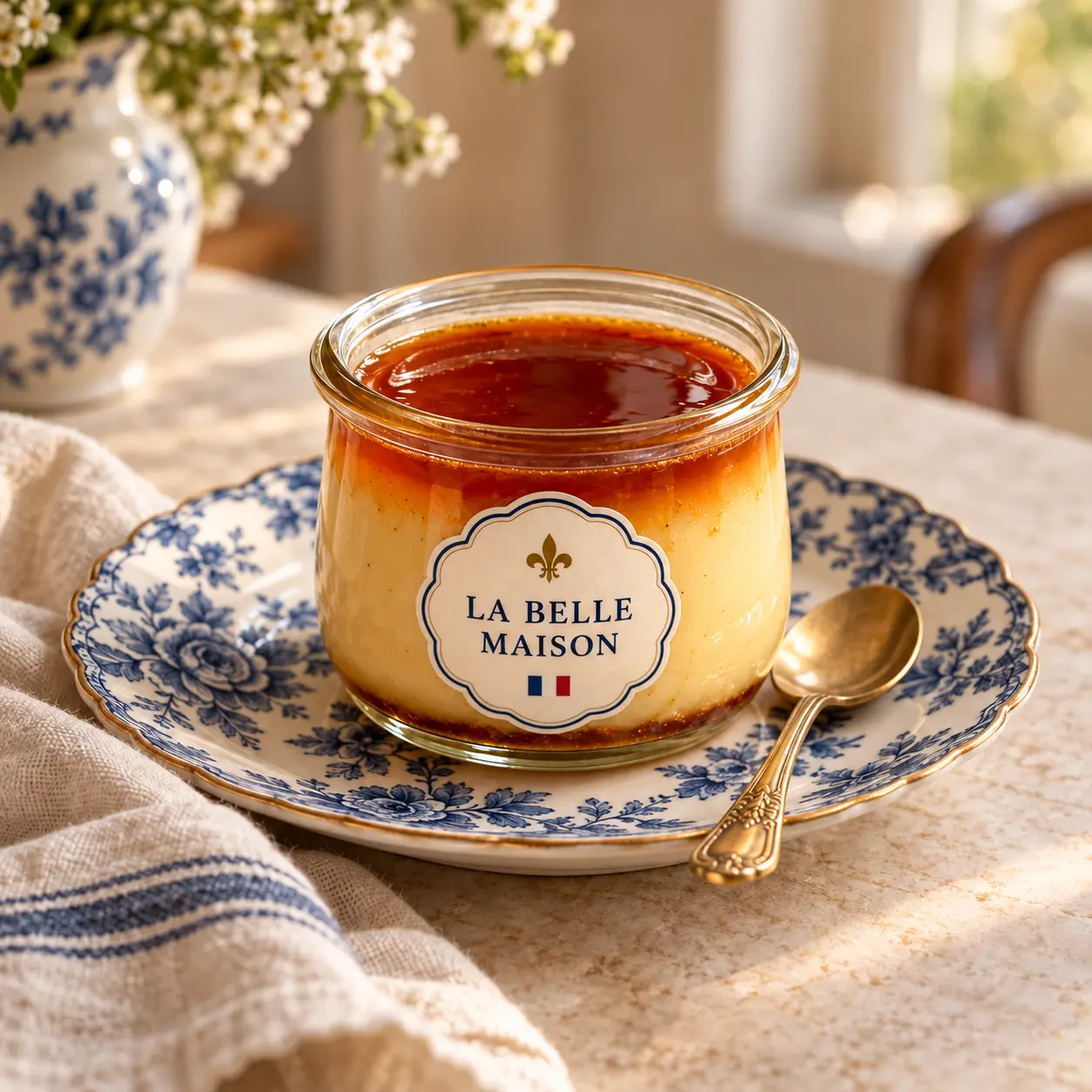 Flan Crème Caramel trên đĩa sứ xanh trắng