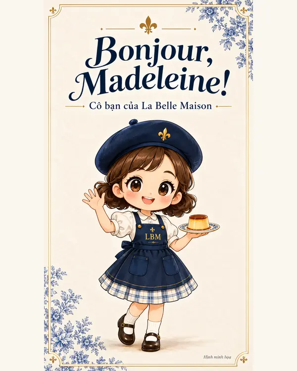 Madeleine với béret navy và khay flan